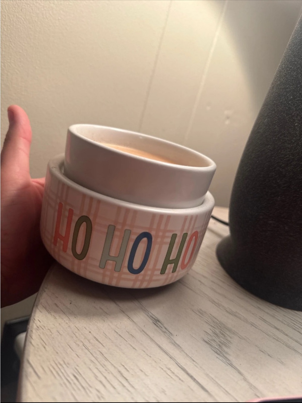 Holiday Ceramic Candle Holder - White with Multicolor "HO HO HO"